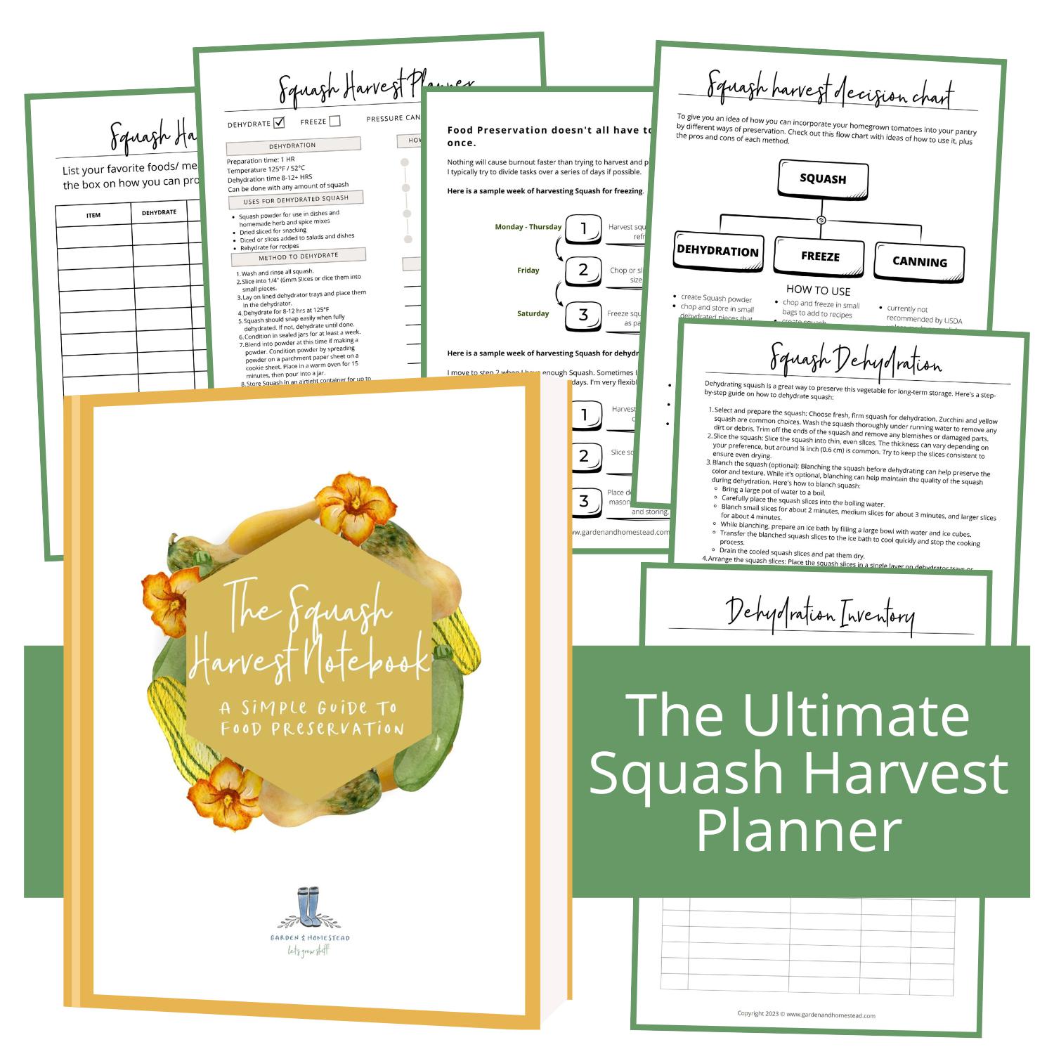 images shows 7 pages of a PDF notebook that can teach you how to preserve your squash harvest